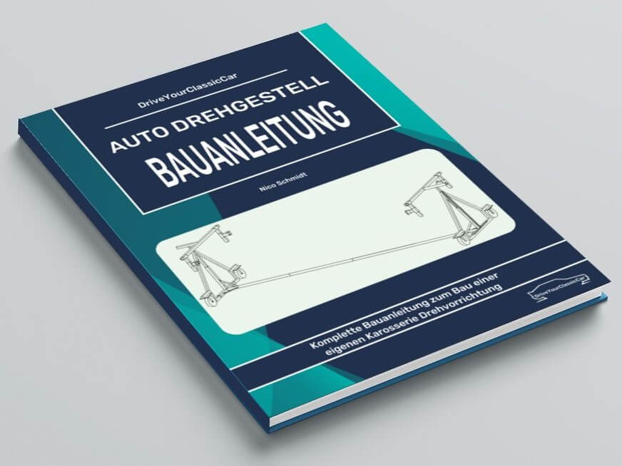 E-Book Cover Auto Drehgestell Bauanleitung von Nico Schmidt, technische Zeichnung auf blauem Hintergrund