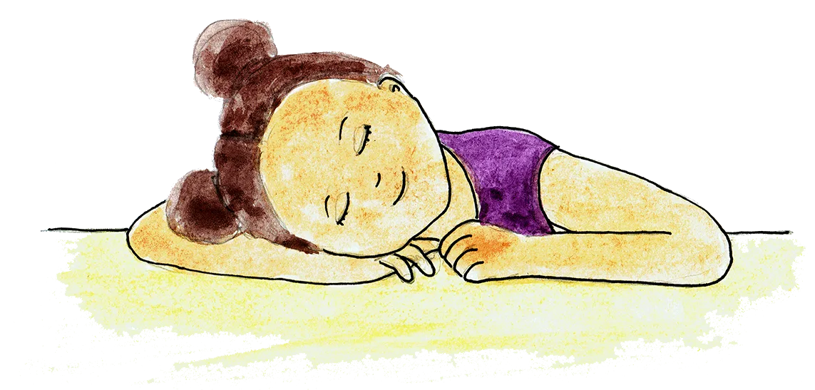 Illustration eines entspannten Kindes mit dem Ohr auf dem Arm in Ruheposition