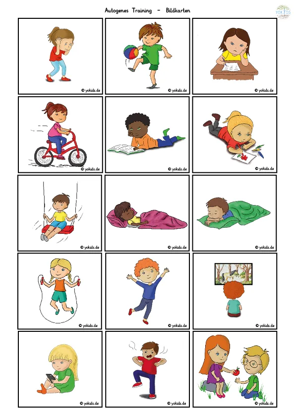 Bildkarten-Set mit 15 Illustrationen von Kindern in verschiedenen Aktivitäten und Ruhepositionen