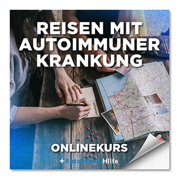 Onlinekurs-Cover Reisen mit Autoimmunerkrankung mit Landkarte und Händen