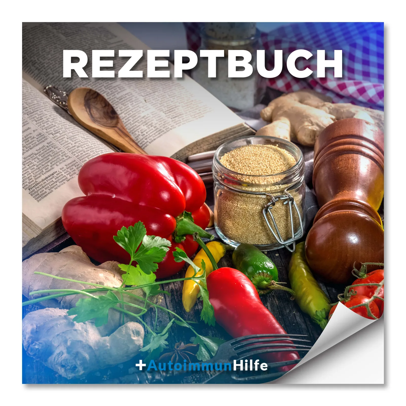 Rezeptbuch-Cover mit roter Paprika, Ginger, Senf und Rezeptbuch