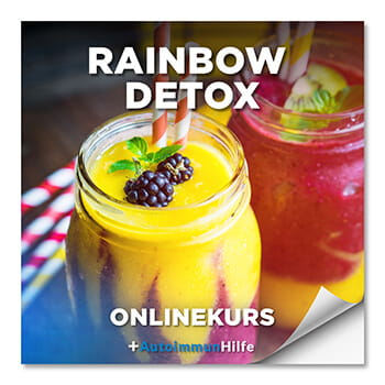 Onlinekurs-Cover Rainbow Detox mit bunten Detox-Getränken im Glas