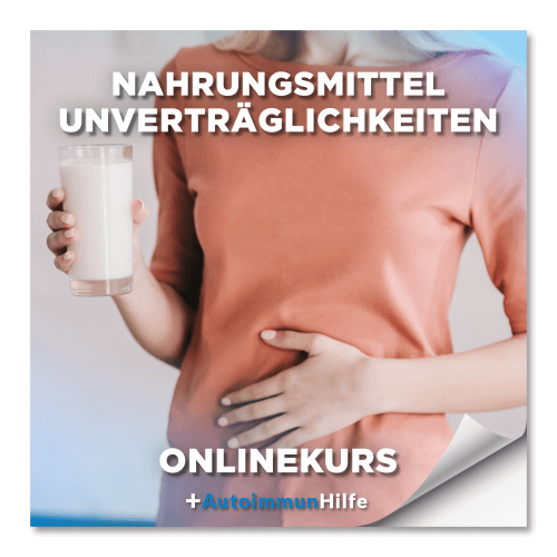 Onlinekurs-Cover Nahrungsmittelunverträglichkeiten mit Frau haltend Glas