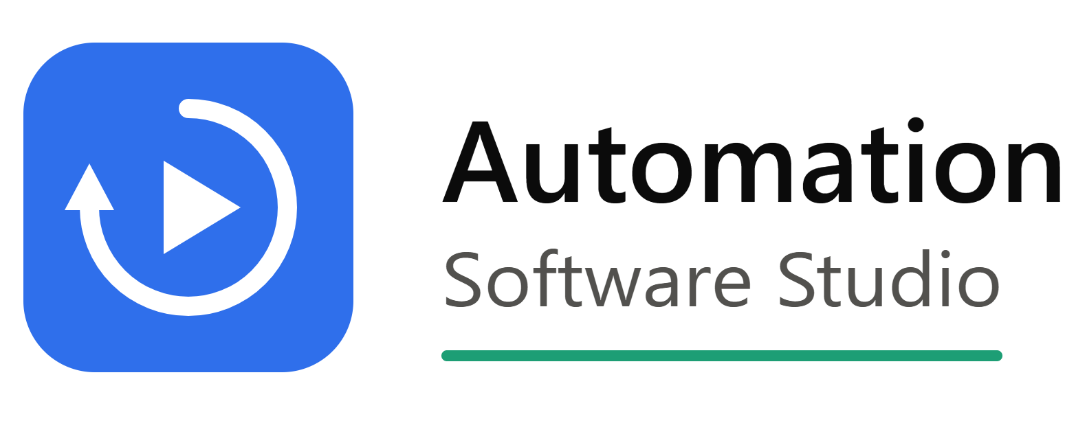 Automation Software Studio Produktlogo in großem Format mit blauem Icon und schwarzer Typografie