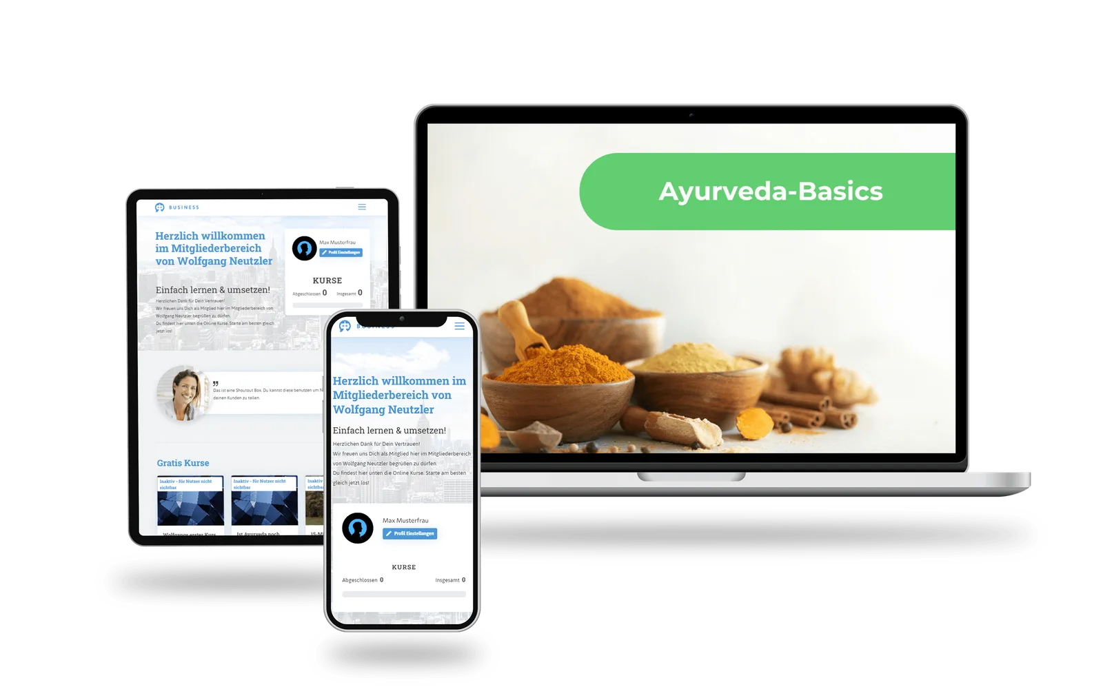 Ayurveda Basics – Videokurs zur Doshas-Lehre von Wolfgang Neutzler 5 Responsive Mockup des Ayurveda-Basics Kurses mit Gewürzen und Kräutern auf Bildschirmen