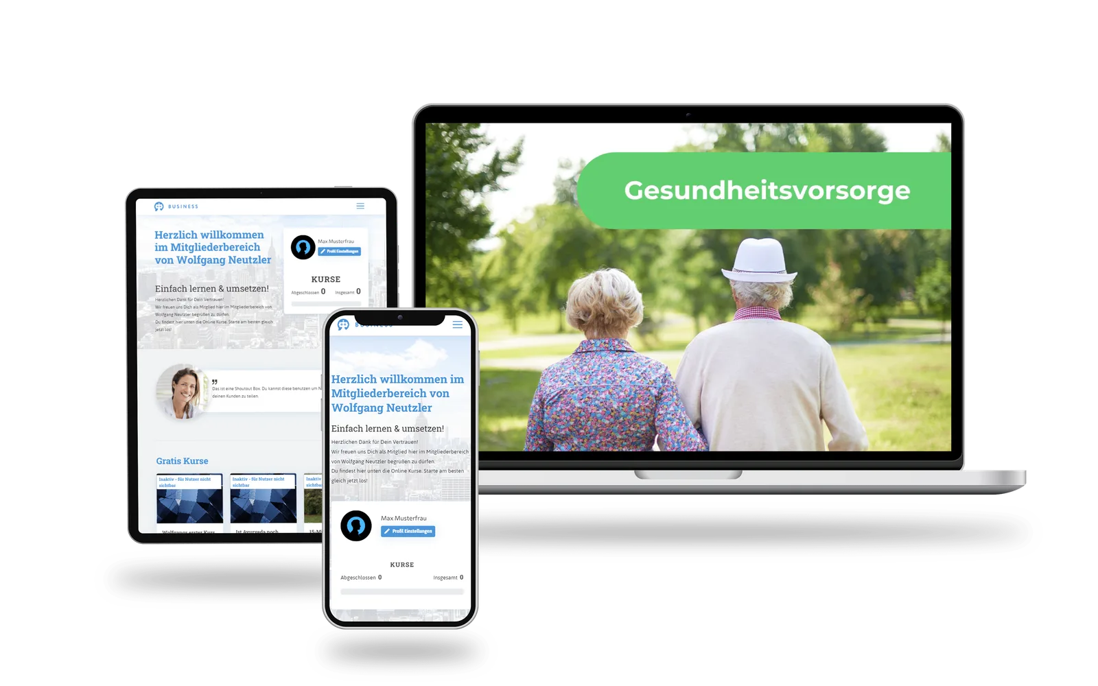 Ayurveda Basics – Videokurs zur Doshas-Lehre von Wolfgang Neutzler 1 Responsive Mockup des Online-Kurses Gesundheitsvorsorge auf Tablet, Smartphone und Desktop