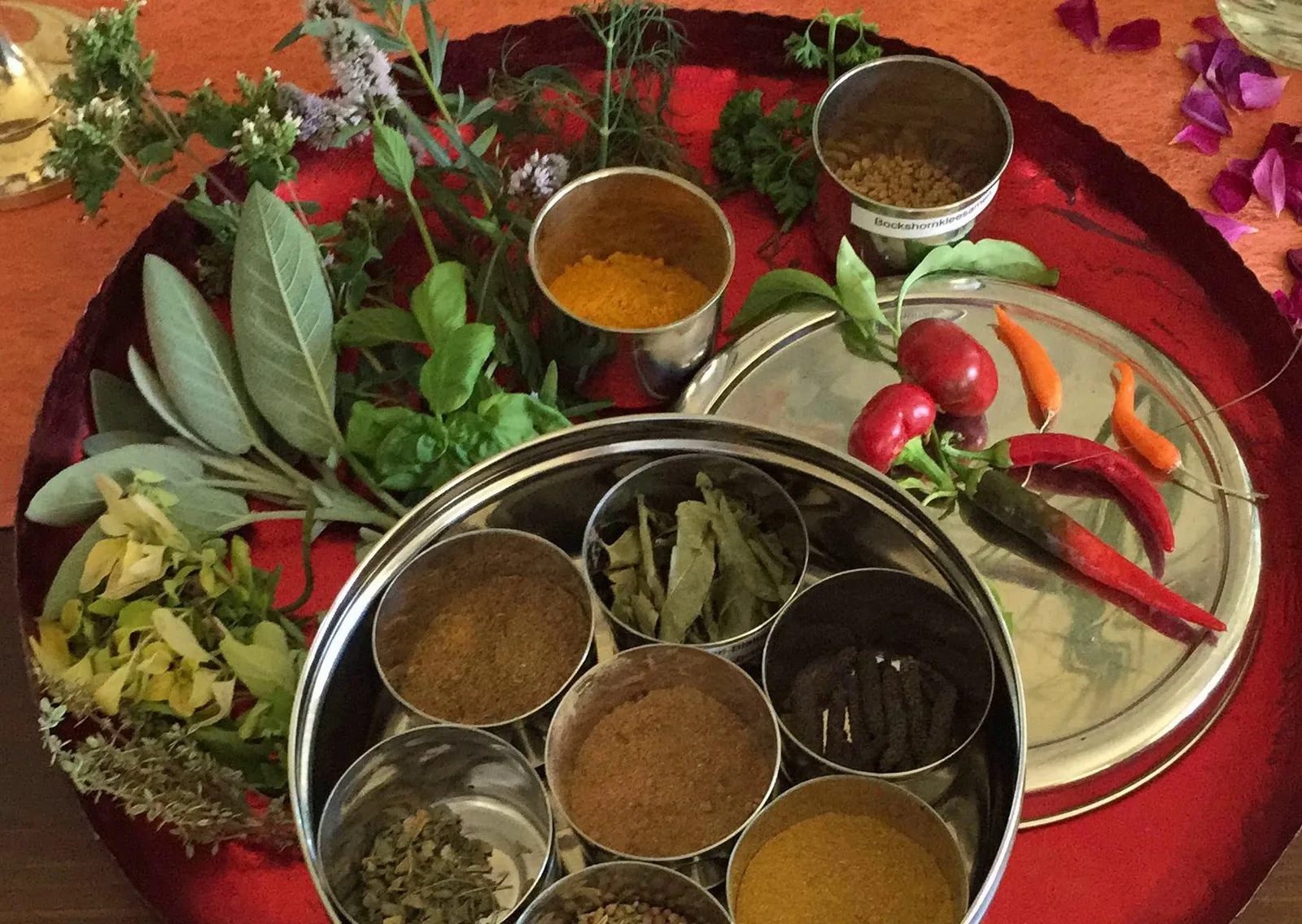 Ayurveda-Kochkurs und Ayurveda-Basics von Wolfgang Neutzler 1 Ayurveda Kochkurs Kombi - Gewürze, Kräuter und Zutaten auf rotem Tuch
