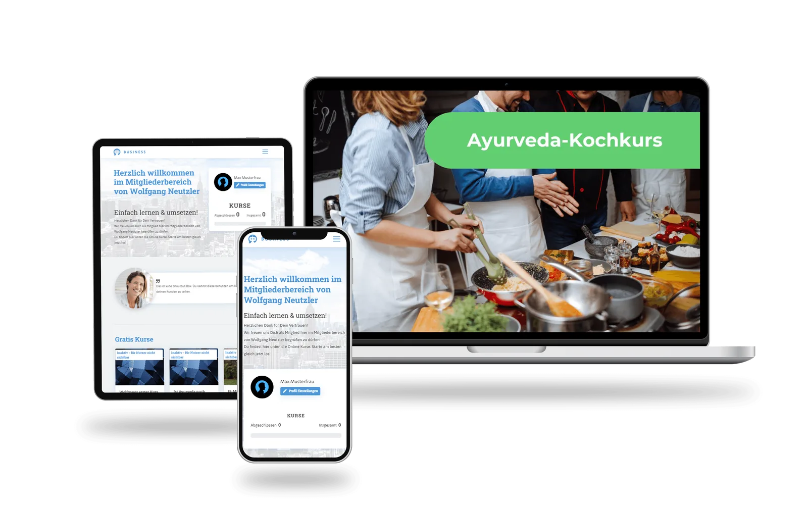 Ayurveda-Kochkurs und Ayurveda-Basics von Wolfgang Neutzler 8 Mockup Ayurveda-Kochkurs auf Desktop-, Tablet- und Smartphone-Bildschirmen