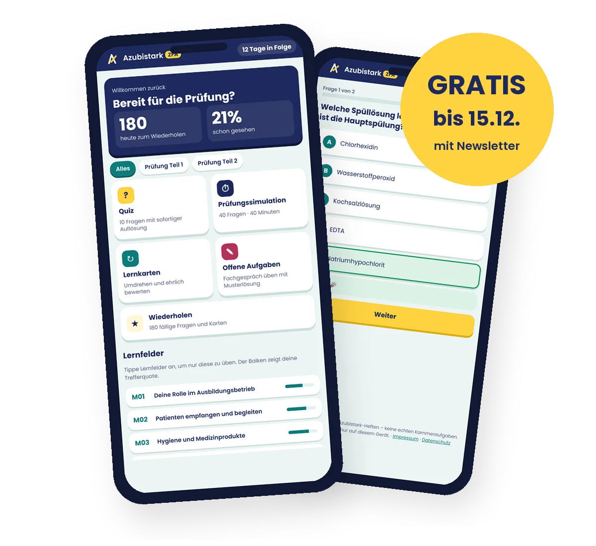 Azubistark ZFA-Trainer App auf zwei Smartphones zeigt Prüfungsfragen, Quizze und Lernkarten mit Gratis-Hinweis bis 15.12. mit