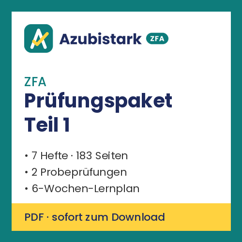 Azubistark ZFA Prüfungspaket Teil 1 Produktabbildung mit Logo und Leistungsmerkmalen auf türkis-gelbem Hintergrund