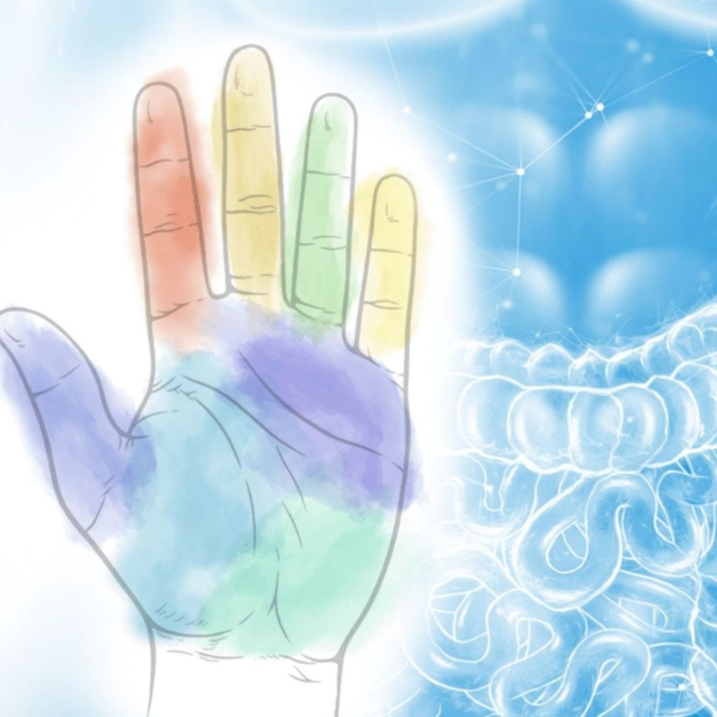 Bemalte Hand mit Energiefluss und Darm-Illustration auf blauem Hintergrund