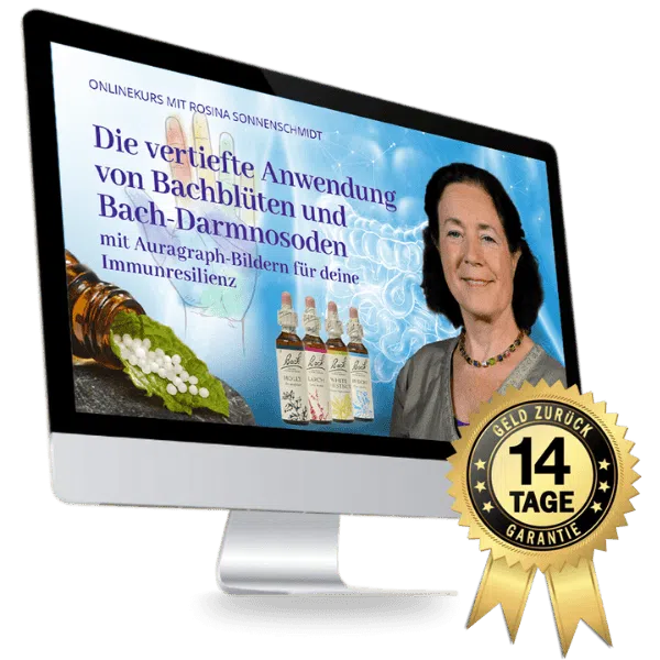 Mockup eines Computer-Monitors zeigt Kursangebot mit Rosina Sonnenschmidt, Bachblüten und 14-Tage-Garantie-Siegel