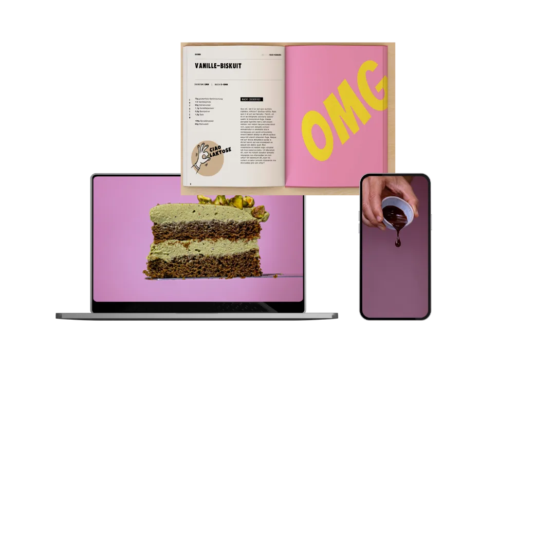 Mockup des Backen 2.0 Kurses mit Backbuch, Laptop und Smartphone zeigt Vanille-Biskuit-Rezept