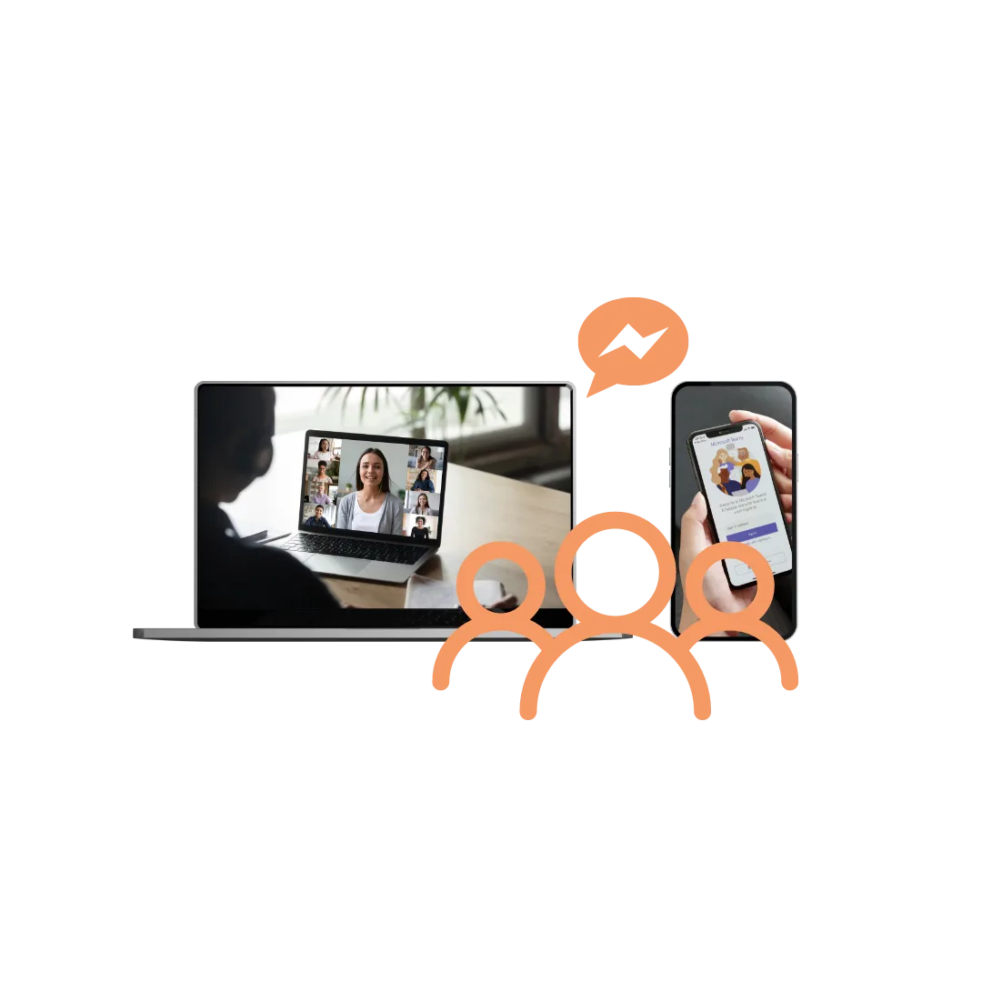 Newsletter-Banner mit Videokonferenz-Mockup und Community-Illustration auf weißem Hintergrund