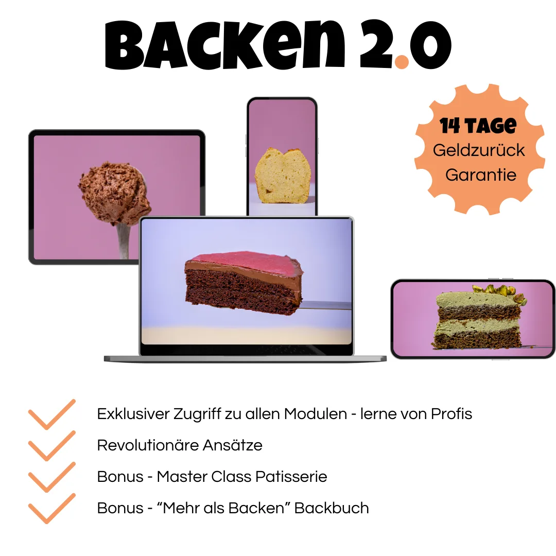 Backen 2.0 Kurs-Hero mit Produktmockups auf farbigem Hintergrund, zeigt Laptop und mobile Geräte mit Backrezepten