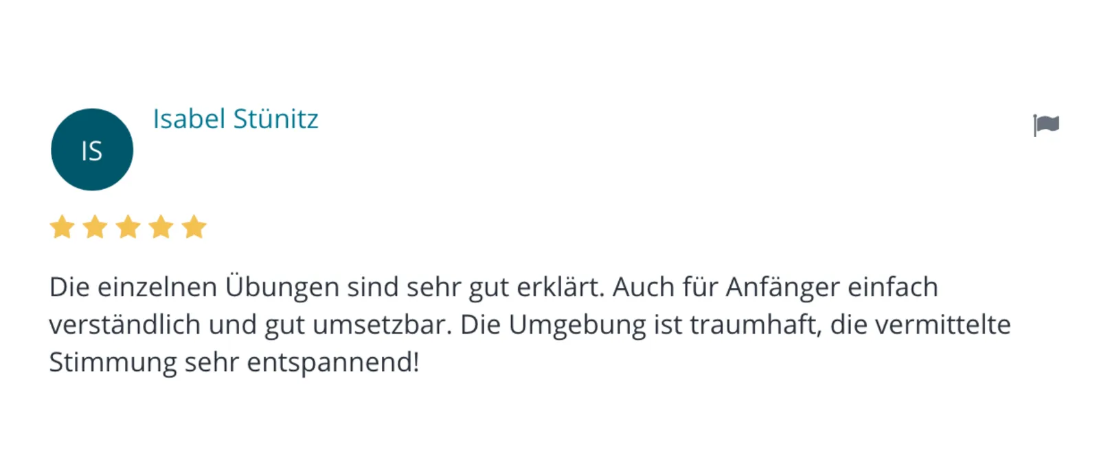 Bali Flow Yoga – Videokurs zur Asana-Praxis von Anna Kalhammer 4 Kundenstimme von Isabel Stünitz mit 5-Sterne-Bewertung zum Yoga-Kurs