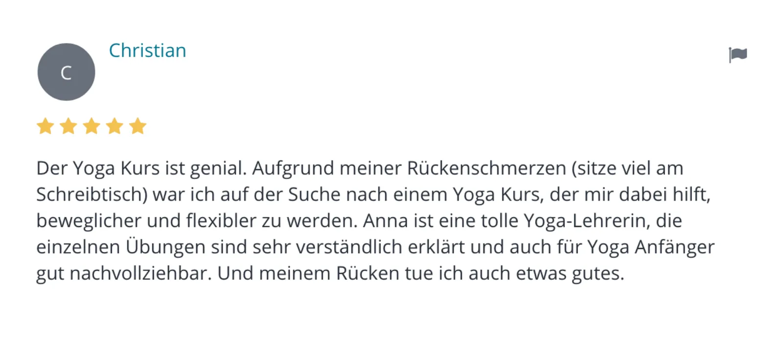 Bali Flow Yoga – Videokurs zur Asana-Praxis von Anna Kalhammer 8 Kundenstimme von Christian mit 5-Sterne-Bewertung zum Yoga-Kurs für Rückenschmerzen