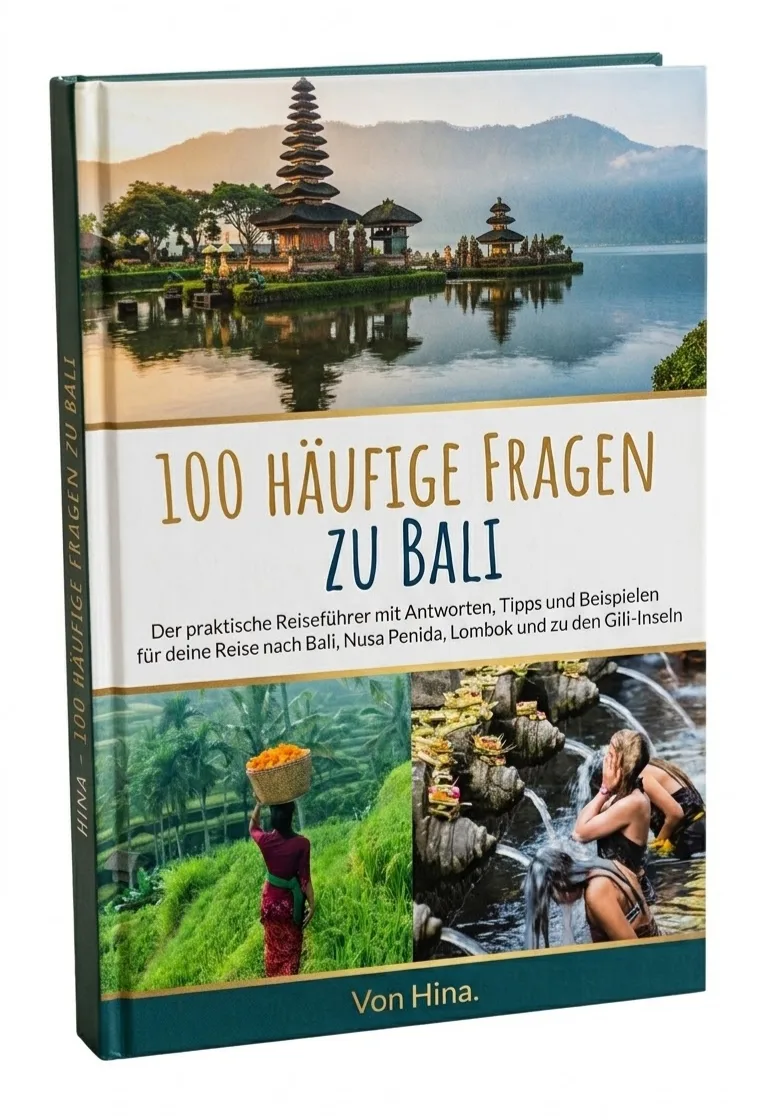 Buchcover '100 häufige Fragen zu Bali' von Hina mit Tempel am See und Berglandschaft