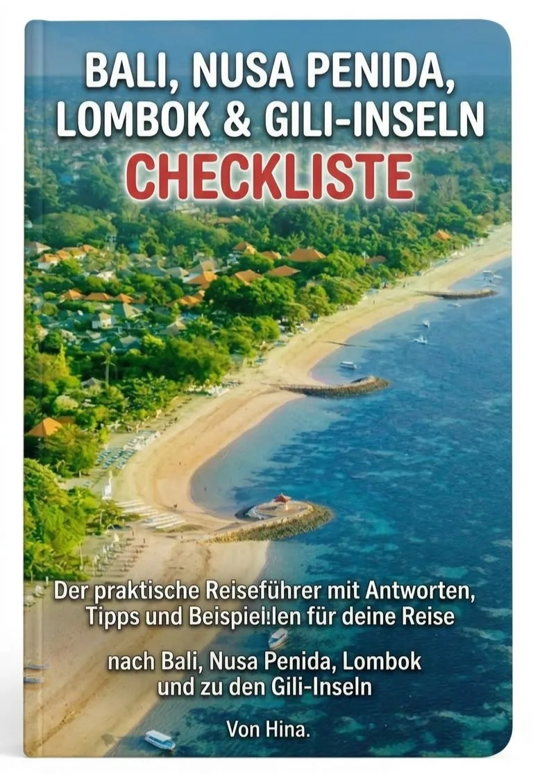 Buchcover 'Bali, Nusa Penida, Lombok & Gili-Inseln Checkliste' mit Luftaufnahme Strand und Meer