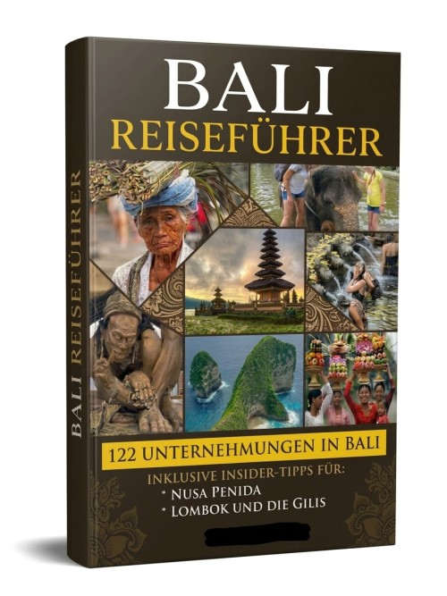 Bali Reiseführer E-Book Cover mit Titel und 122 Unternehmungen