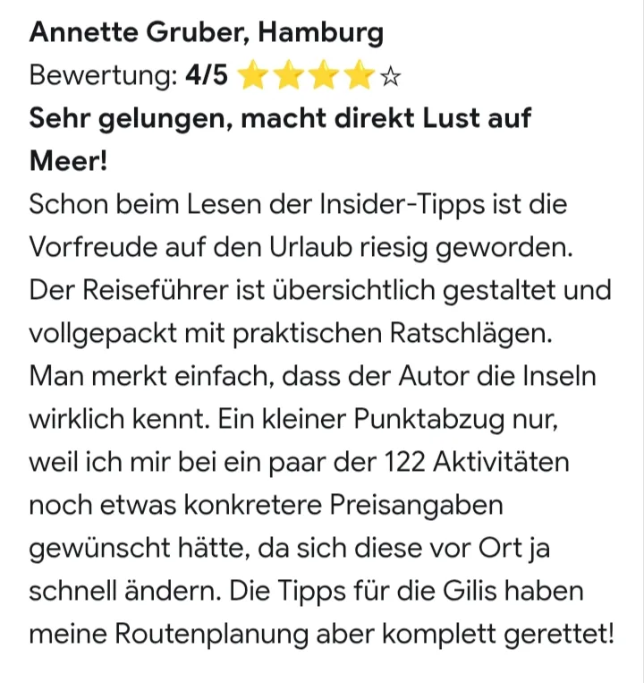 Kundenbewertung von Annette Gruber Hamburg, 4 von 5 Sternen, positive Rezension zum Reiseführer