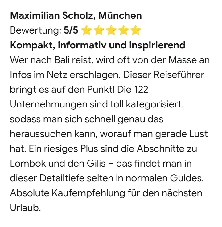Kundenbewertung von Maximilian Scholz München, 5 von 5 Sternen, 5-Sterne Rezension Reiseführer