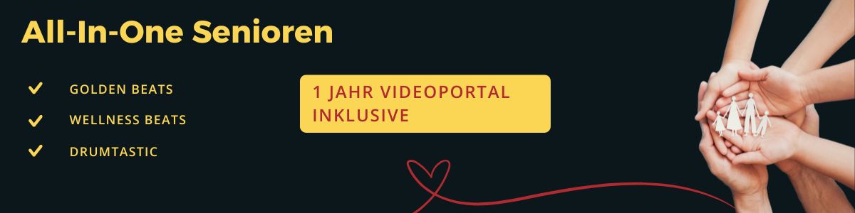 Bambini Beats Manual/Workbook mit Videos – Trommelanleitung Kita 4 All-In-One Senioren Paket mit dunklem Hintergrund und Händen