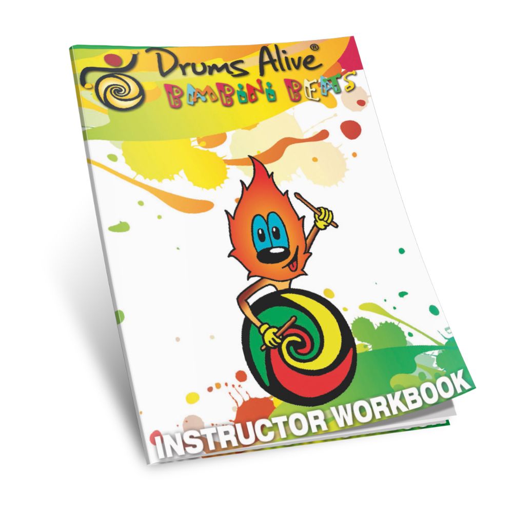 Bambini Beats Manual/Workbook mit Videos – Trommelanleitung Kita 1 Drums Alive Bambini Beats Instructor Workbook Mockup mit Maskottchen