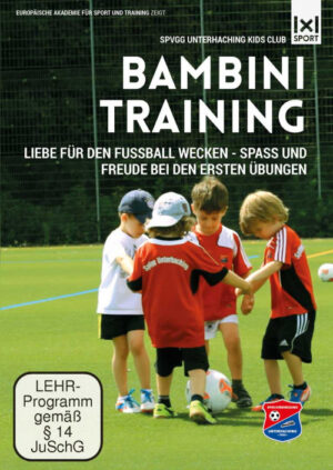 Cover Bambini Training Videokurs mit vier Kindern beim Fußballtraining auf Rasenplatz