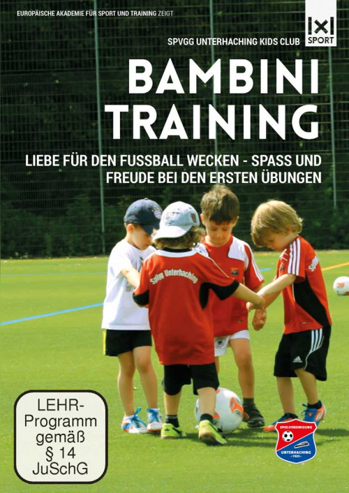 Bambini Training – Videokurs für Kinderfußball 1 Cover Bambini Training Videokurs mit vier Kindern beim Fußballtraining auf Rasenplatz