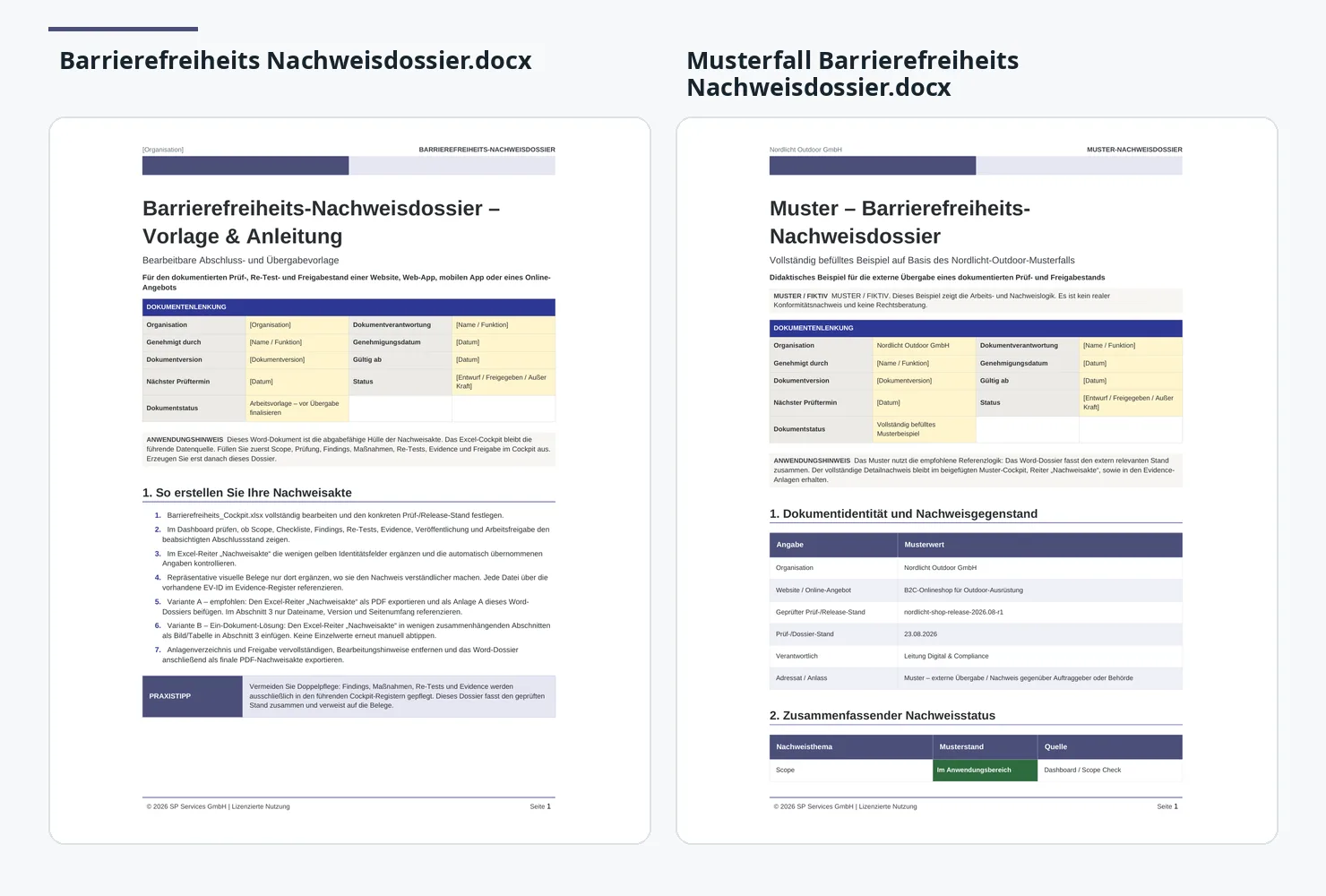 Barrierefreie Website & Online-Angebote Praxis-Kit 6 Zwei Seiten von Nachweisdossier-Dokumenten mit Tabellen und Anleitung zur Barrierefreiheit
