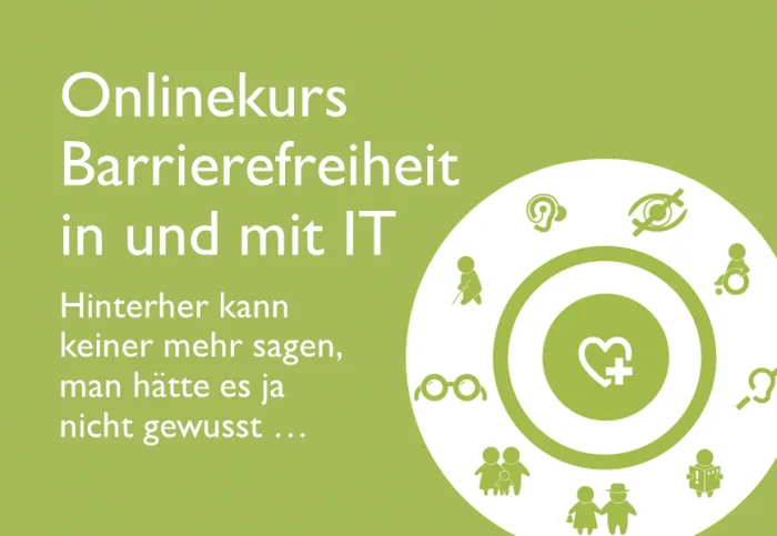 Titelfolie Onlinekurs Barrierefreiheit in und mit IT mit Inklusionssymbolen