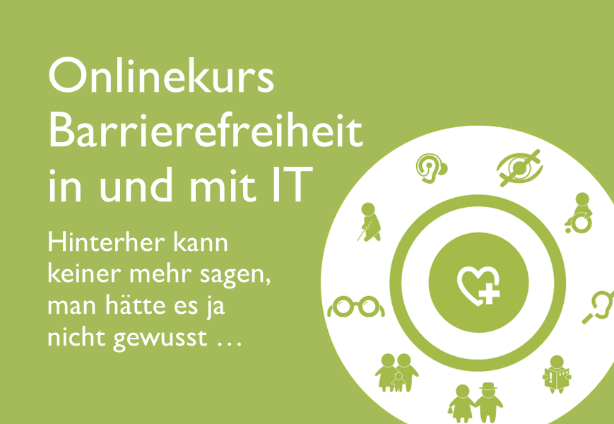Titelfolie Onlinekurs Barrierefreiheit in und mit IT mit Inklusionssymbolen