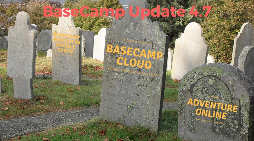 BaseCamp Update 4.7 Titel auf Friedhofshintergrund mit Grabsteinen