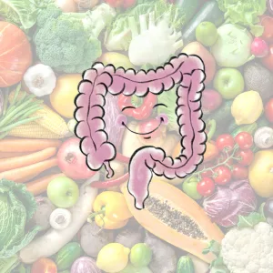 Bauch-Basics – Videokurs für gesunde Verdauung von Dörte Schmitten 6 Cartoon Darm mit glücklichem Gesicht vor Gemüse-Hintergrund