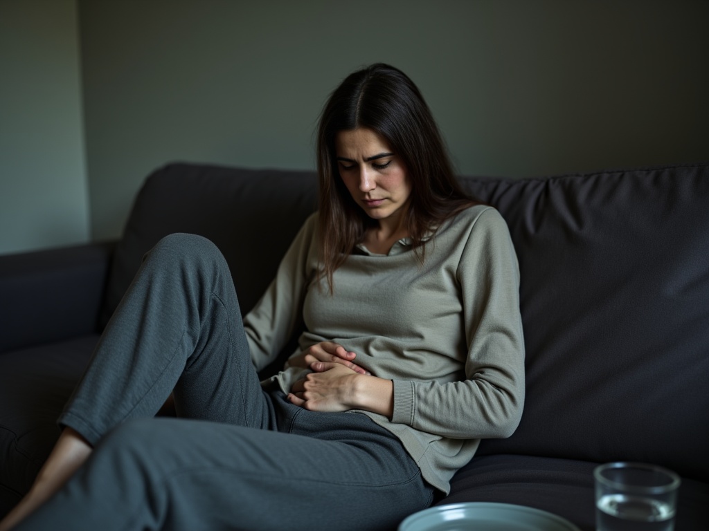 Bauch-Basics – Videokurs für gesunde Verdauung von Dörte Schmitten 3 Frau mit Bauchschmerzen sitzt auf dunkelgrauem Sofa