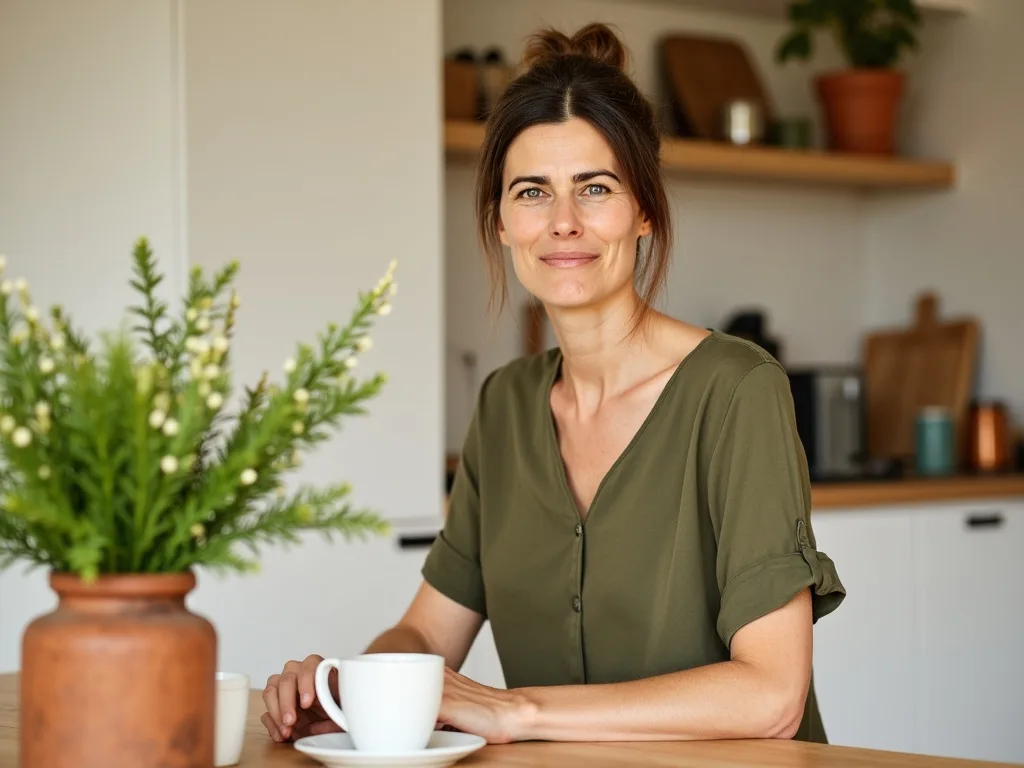 Bauch-Basics – Videokurs für gesunde Verdauung von Dörte Schmitten 1 Frau in olivgrünem Oberteil mit Tasse in moderner Küche