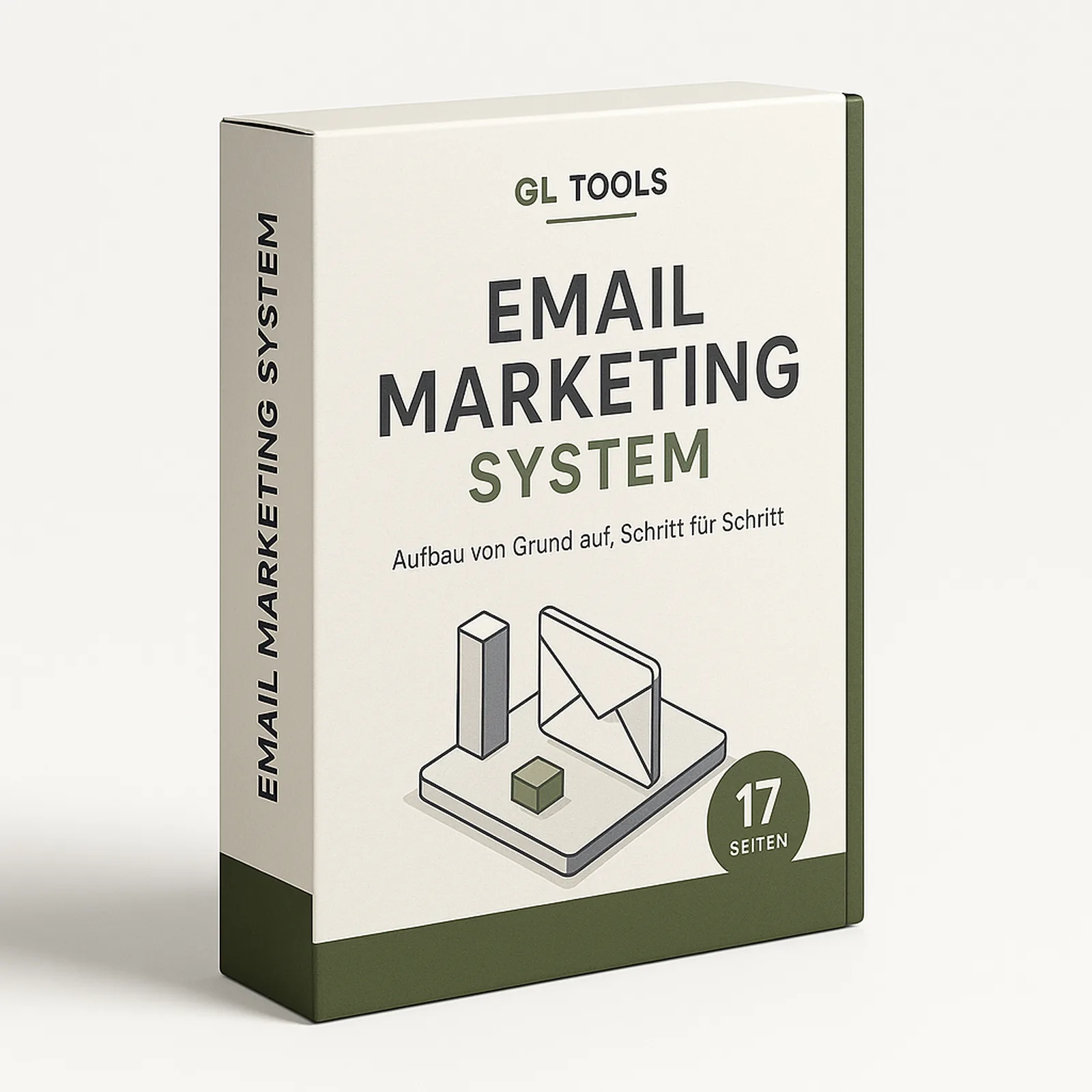 E-Book Cover Email Marketing System von GL Tools, 3D Buchverpackung mit Briefumschlag-Grafik