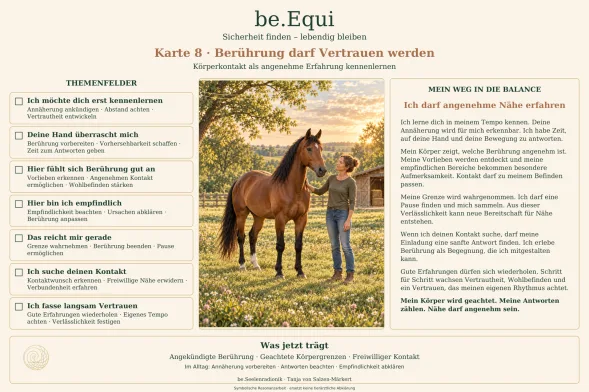 be.EQUI Karte 8 – Nervensystem Pferd mit Arbeitsblattelementen und braunem Pferd in Landschaft