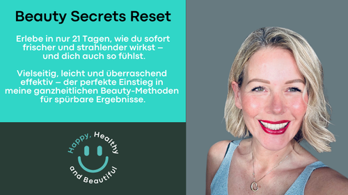 Beauty Secrets Reset Hero-Banner mit Frau und Kursinfo, Türkis-Design