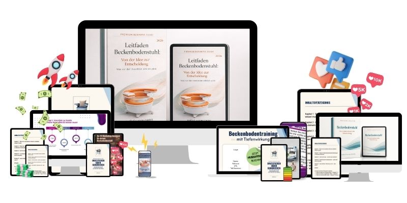Business Guide Produkt-Mockup mit Beckenbodenstuhl Leitfaden auf verschiedenen Geräten