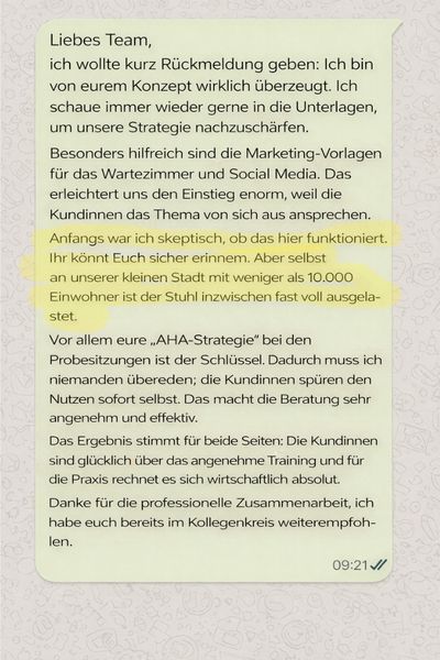 WhatsApp-Nachricht mit ausführlichem Feedback zur Business Guide Strategie und Auslastung