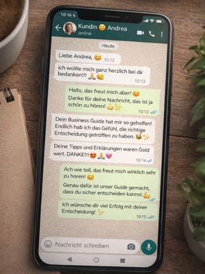 WhatsApp-Gesprächsverlauf zwischen Kundin und Andrea über Business Guide Ergebnisse