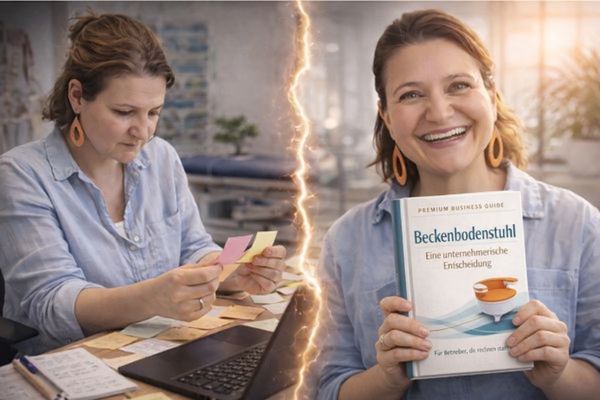 Zwei Frauen im Büro mit Business Transformation Guide und Transformation-Grafik zwischen ihnen