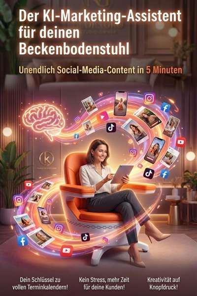 Portrait-Mockup einer Frau mit Tablet, umgeben von leuchtenden Social-Media-Icons und Hirn-Grafik