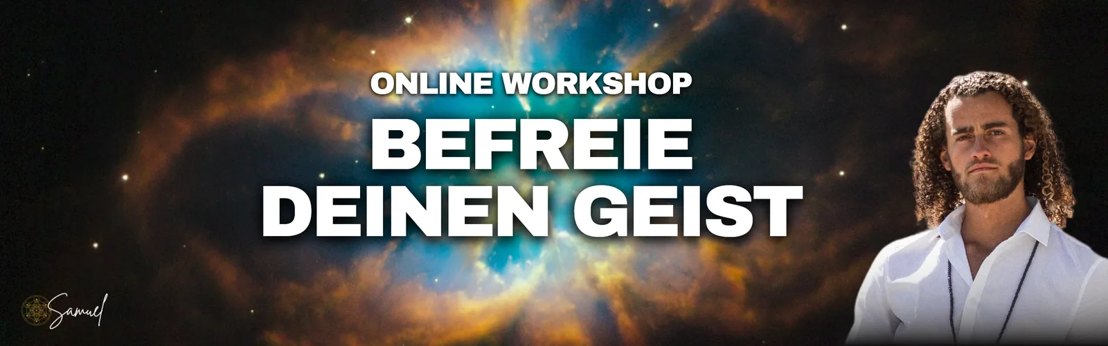 Workshop-Banner mit kosmischem Hintergrund und Mann in weißem Hemd