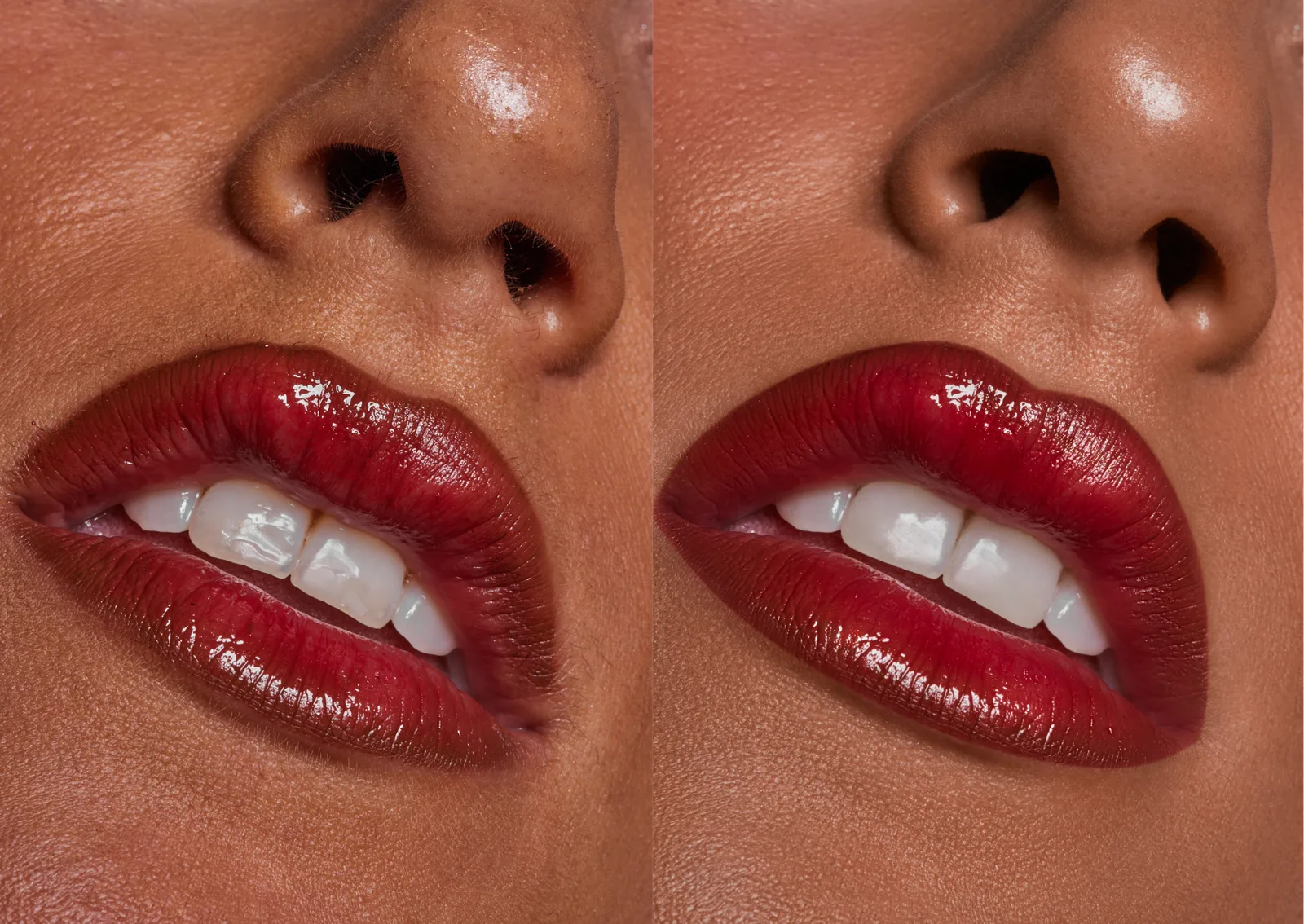 Vorher-Nachher Nahaufnahme rote Lippen und Zähne mit Make-up Retusche