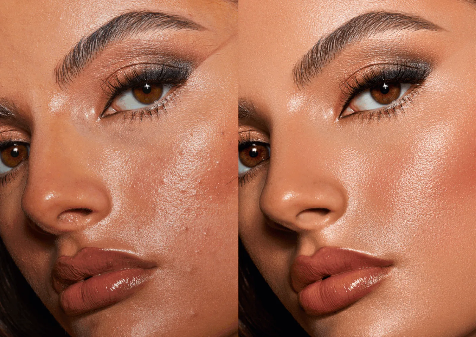 Vorher-Nachher Vergleich Augen-Makeup mit natürlicher versus retouchierter Haut