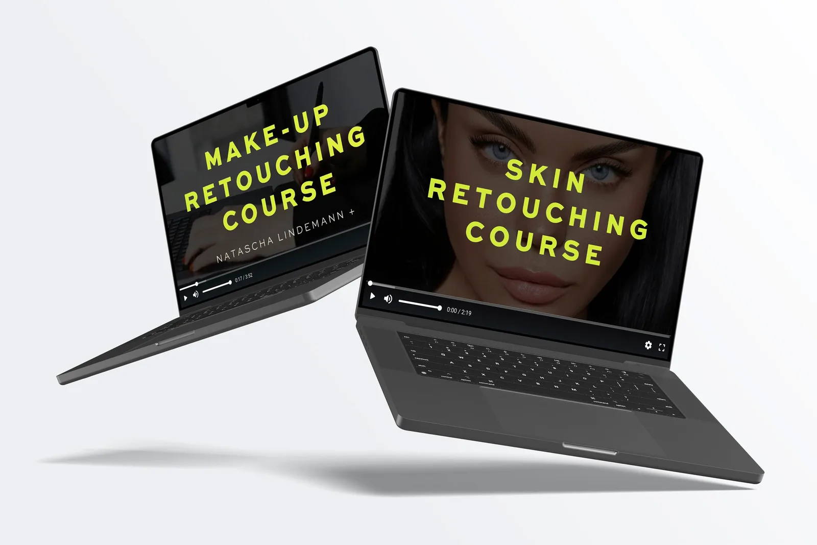 Zwei Laptops zeigen Online-Kurse Make-up und Hautretusche mit gelbem Text