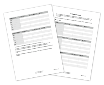 Mockup von zwei Seiten Workbook mit Notenpapier und Übungstabellen